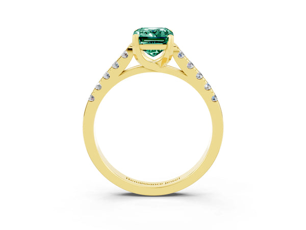 Yellow gold Emerald Cut Green Sapphire Pavé Band Solitaire Ring with Prong Setting