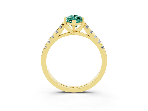 Yellow gold Marquise Cut Green Sapphire Pavé Band Solitaire Ring with Prong Setting
