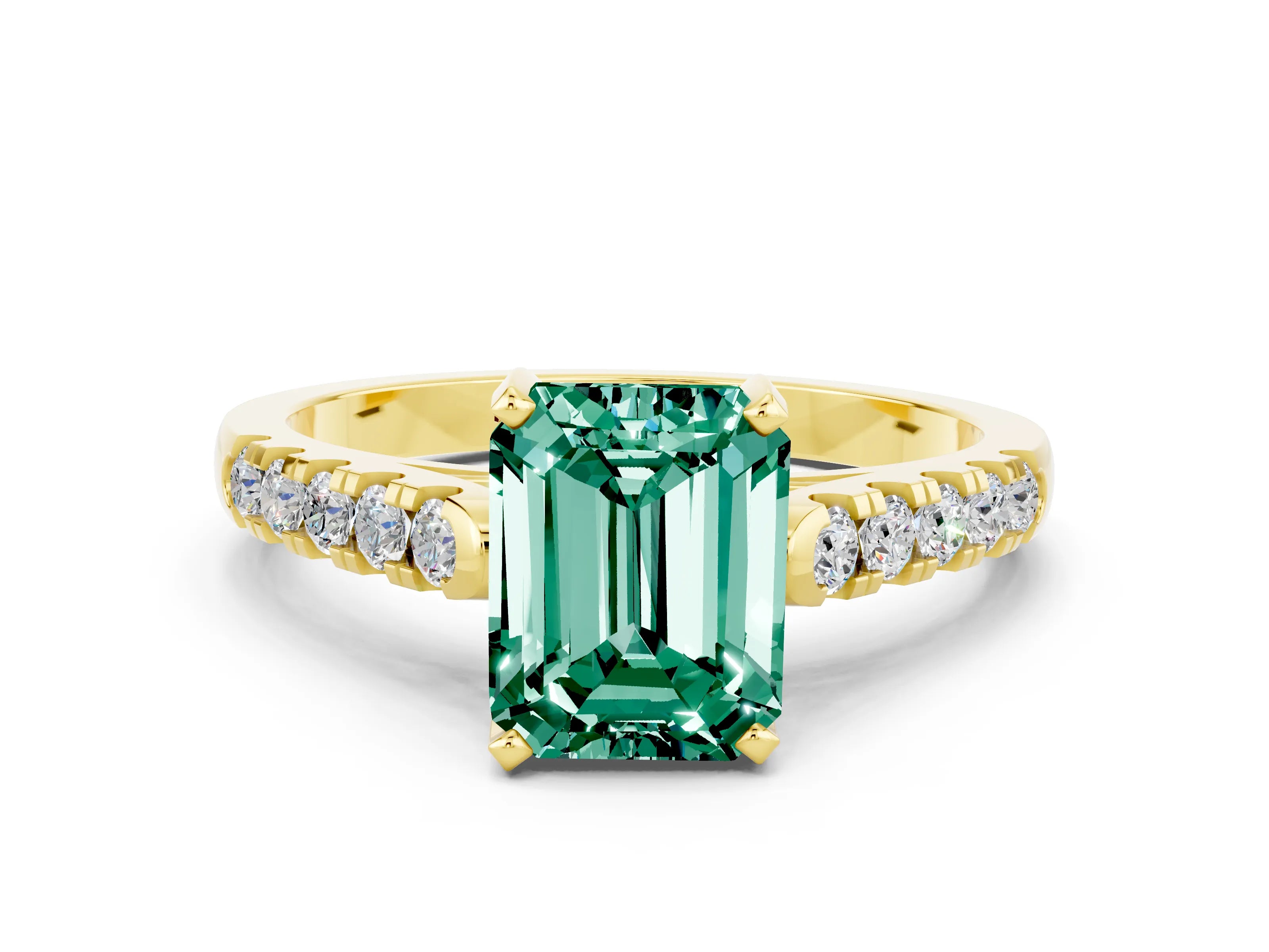 Yellow gold {shape_name} Green Sapphire Solitaire Ring with Pavé Band and Four-Prong Setting