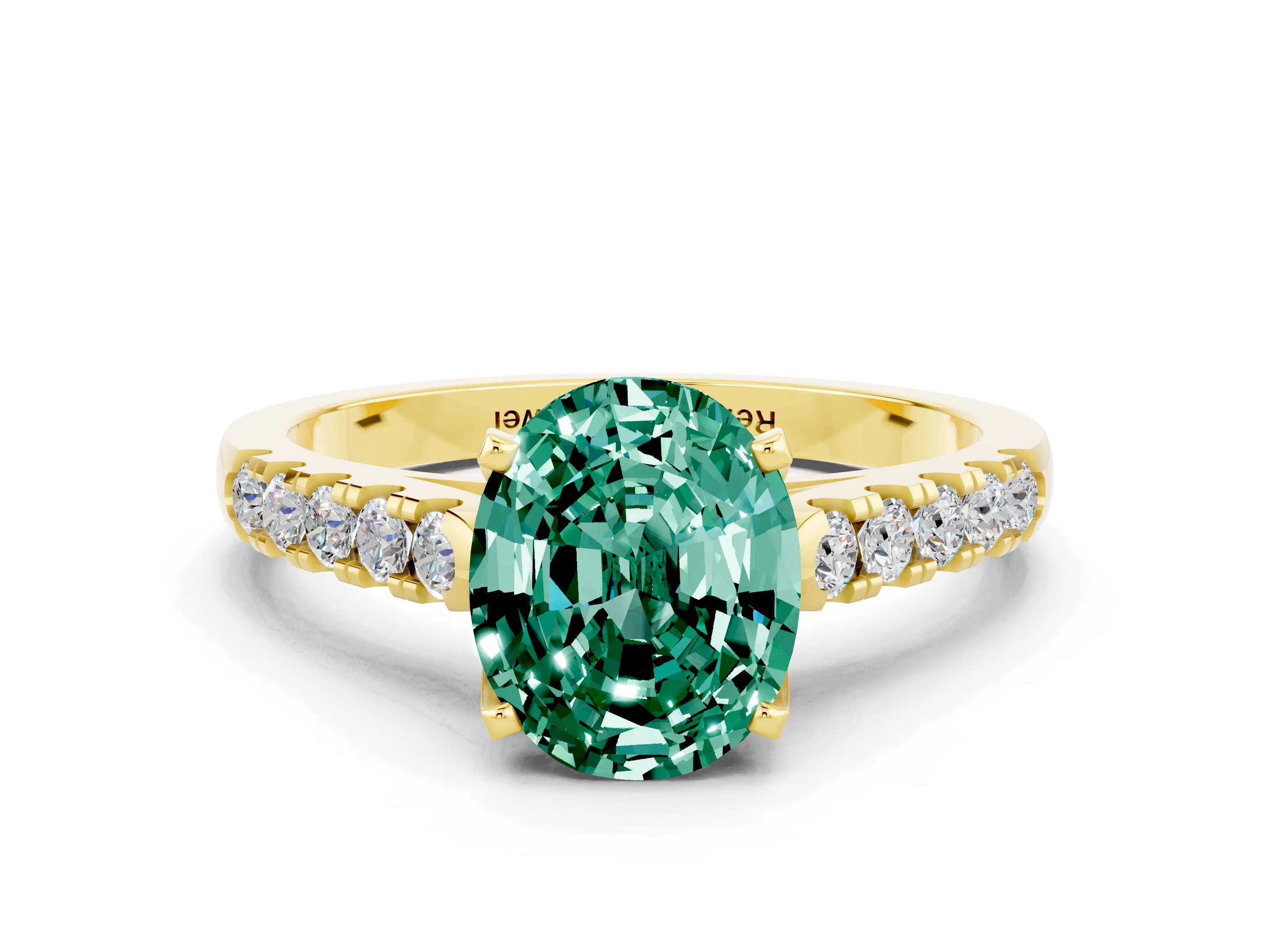 Yellow gold {shape_name} Green Sapphire Solitaire Ring with Pavé Band and Four-Prong Setting