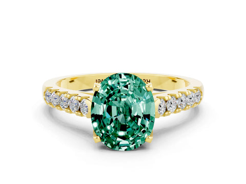 Yellow gold {shape_name} Green Sapphire Solitaire Ring with Pavé Band and Four-Prong Setting