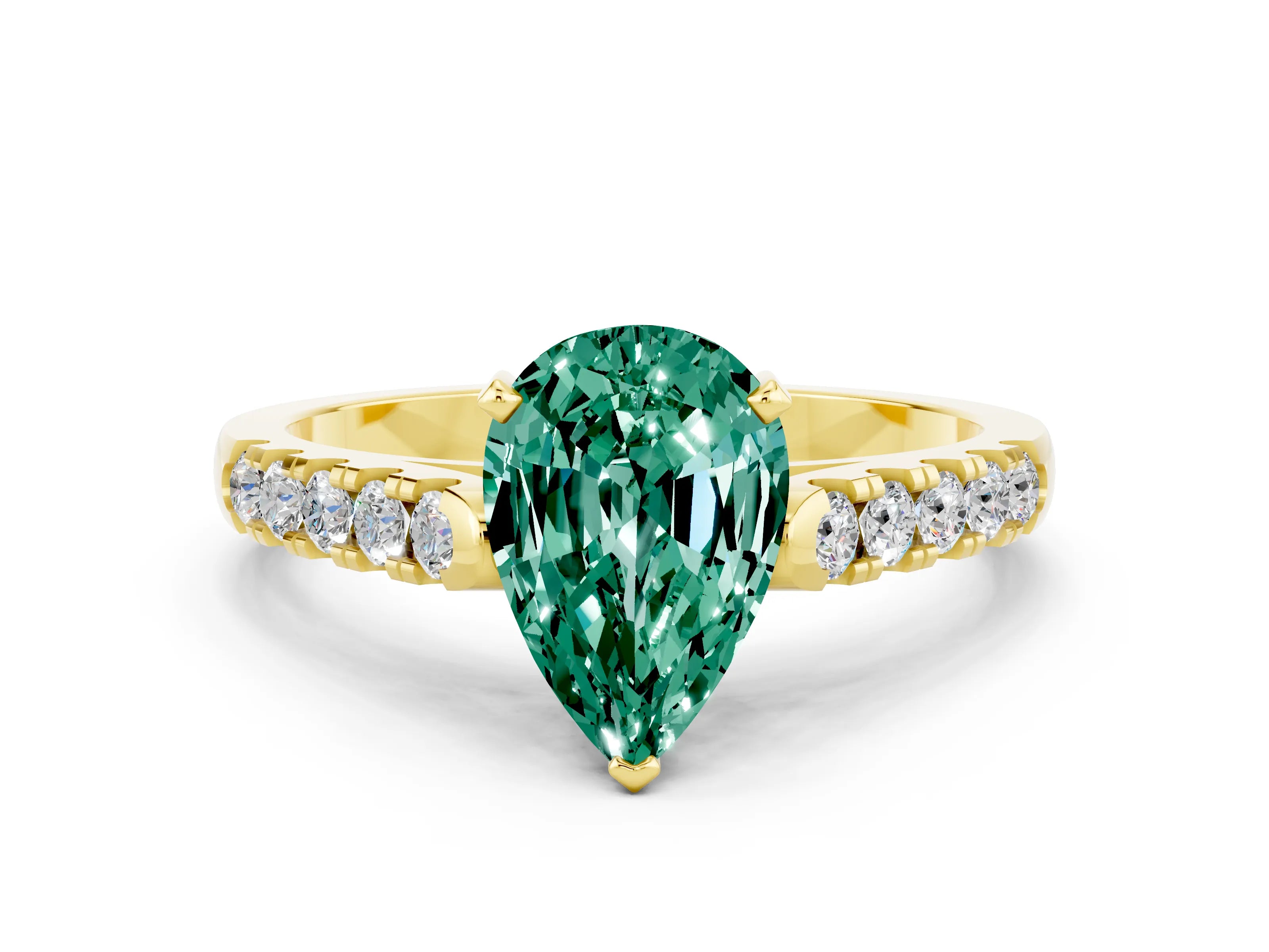Yellow gold {shape_name} Green Sapphire Solitaire Ring with Pavé Band and Four-Prong Setting