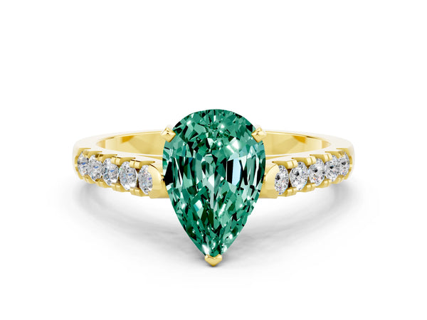 Yellow gold Pear Cut Green Sapphire Pavé Band Solitaire Ring with Prong Setting