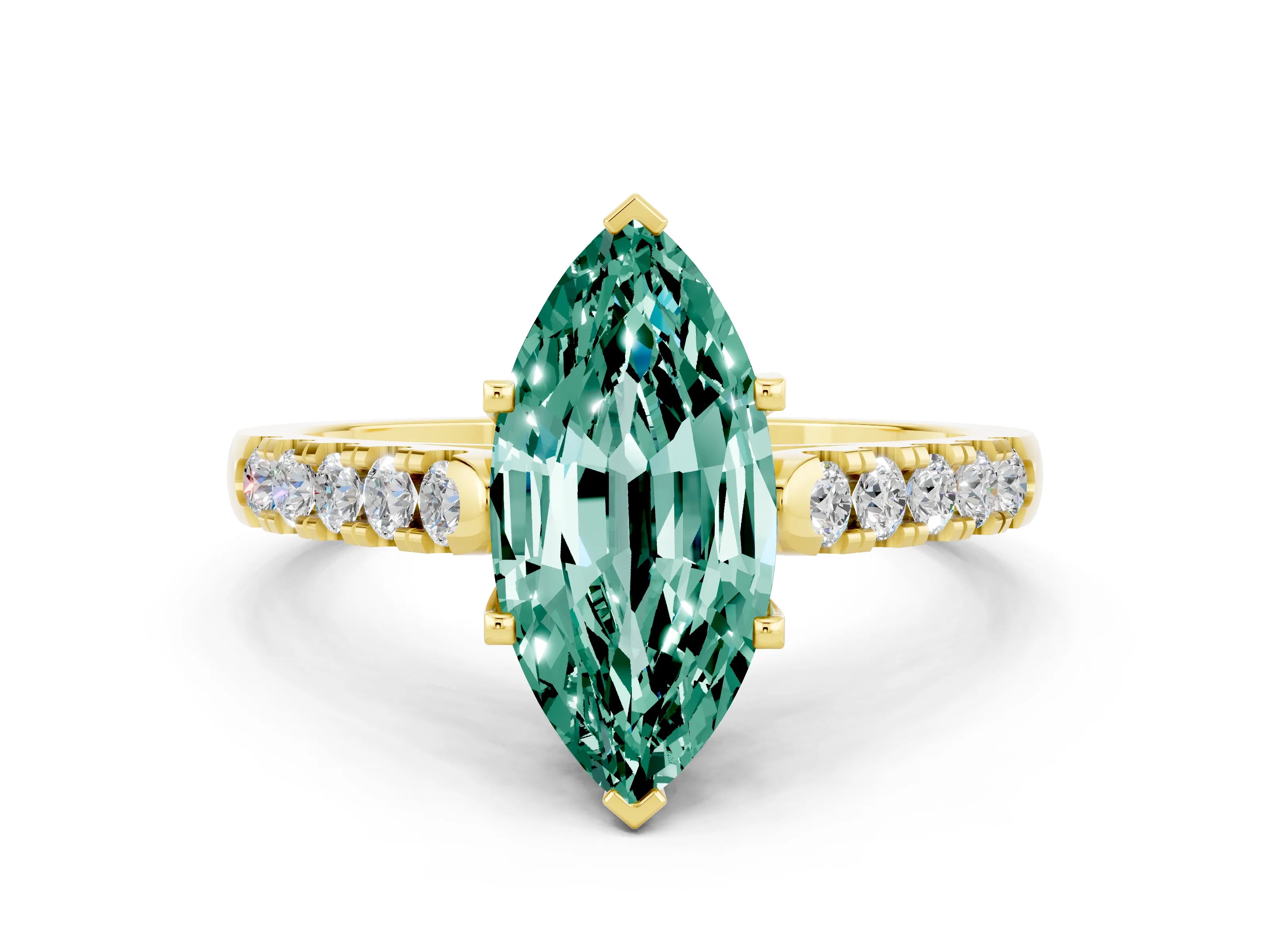 Yellow gold {shape_name} Green Sapphire Solitaire Ring with Pavé Band and Four-Prong Setting
