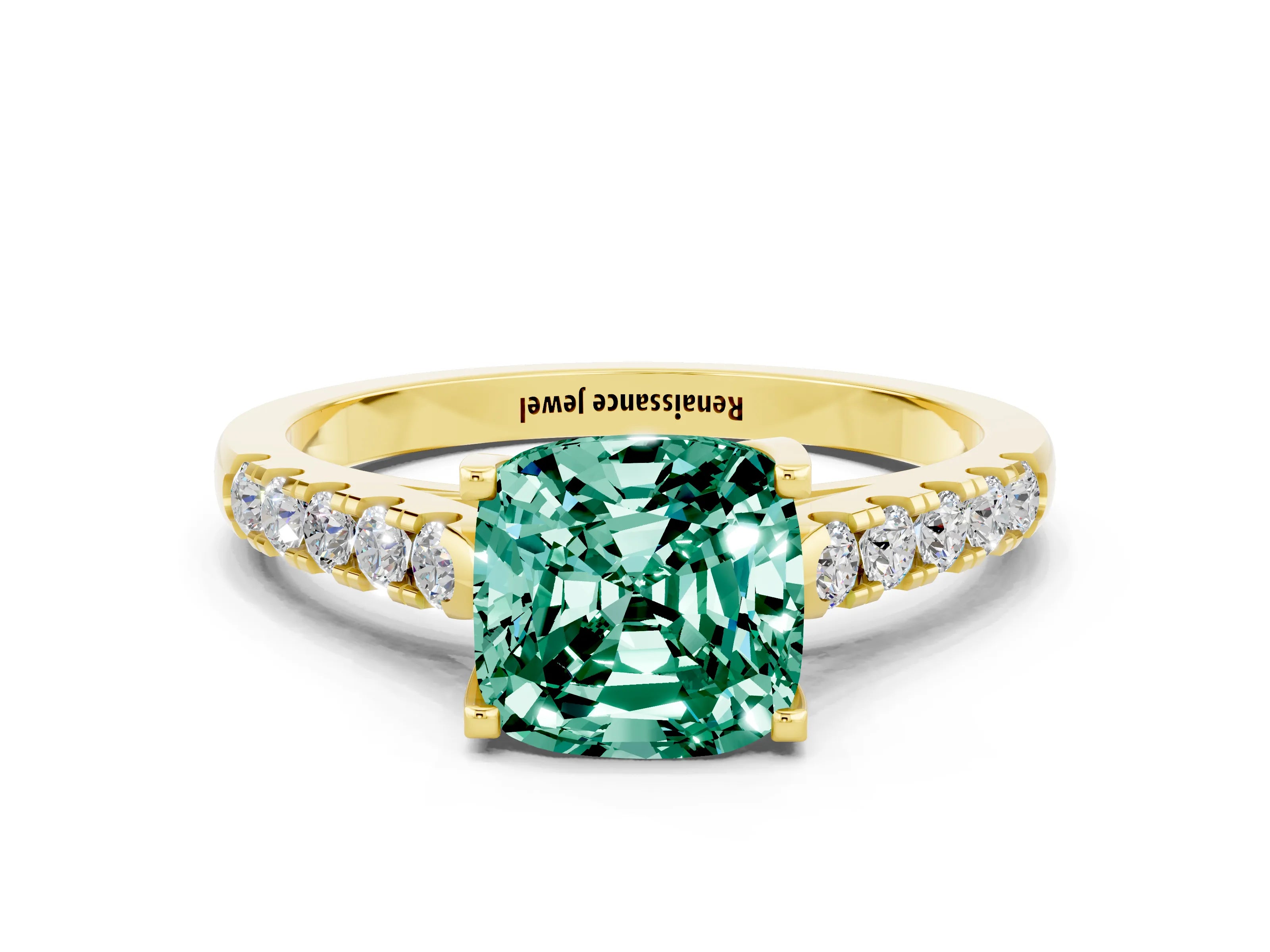 Yellow gold {shape_name} Green Sapphire Solitaire Ring with Pavé Band and Four-Prong Setting