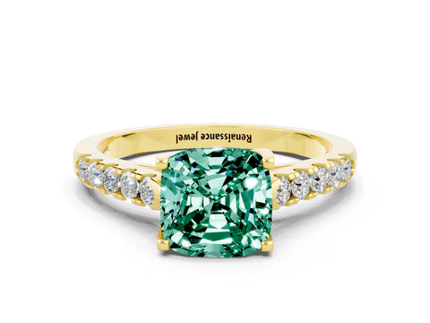 Yellow gold {shape_name} Green Sapphire Solitaire Ring with Pavé Band and Four-Prong Setting