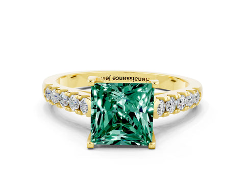 Yellow gold {shape_name} Green Sapphire Solitaire Ring with Pavé Band and Four-Prong Setting