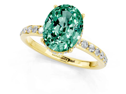 Yellow gold {shape_name} Green Sapphire Solitaire Ring with Pavé Band and Hidden Halo_1