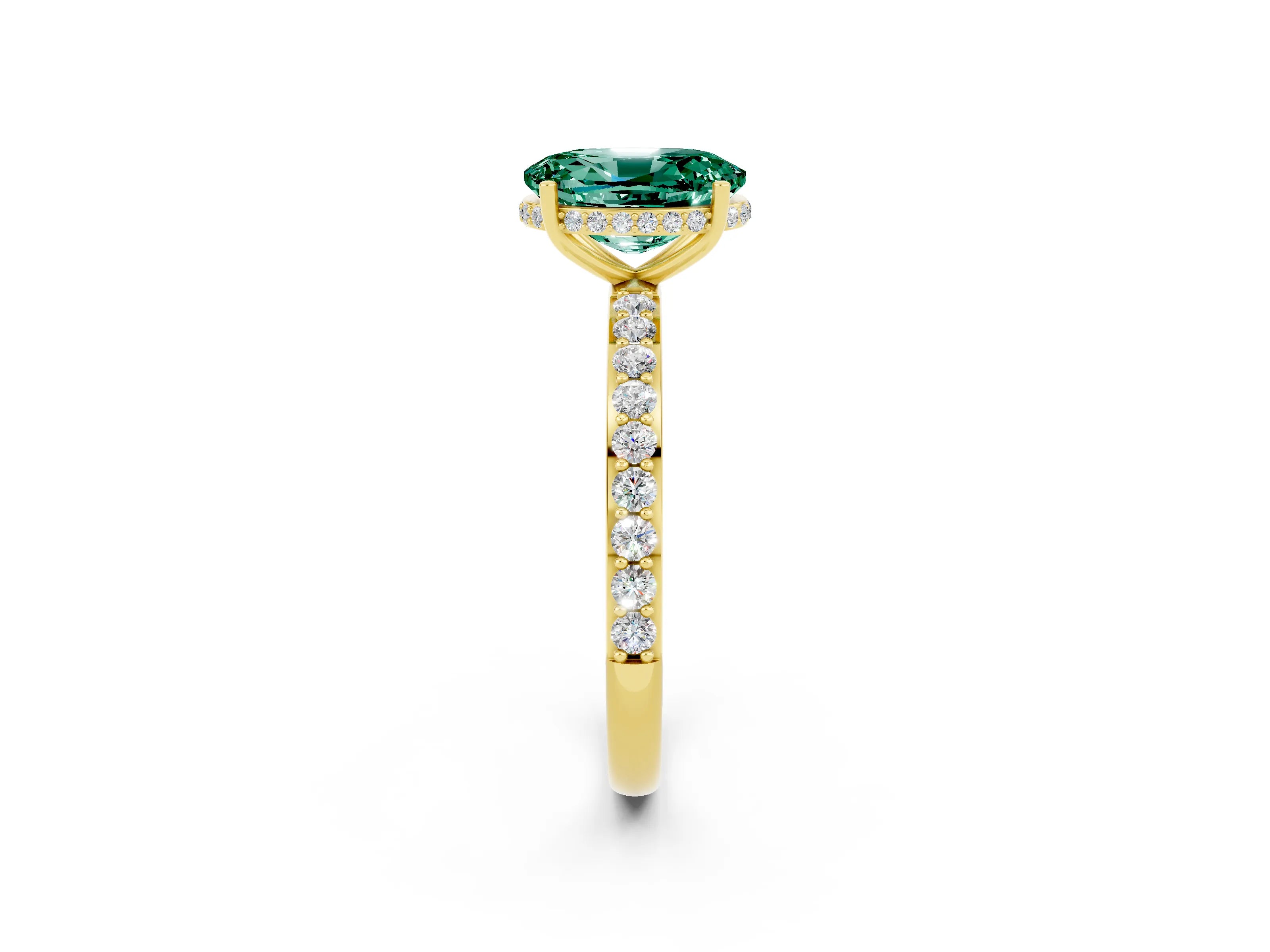 Yellow gold {shape_name} Green Sapphire Solitaire Ring with Pavé Band and Hidden Halo_2