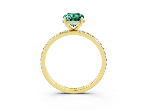 Yellow gold Oval Cut Green Sapphire Solitaire Ring with Pavé Band and Hidden Halo