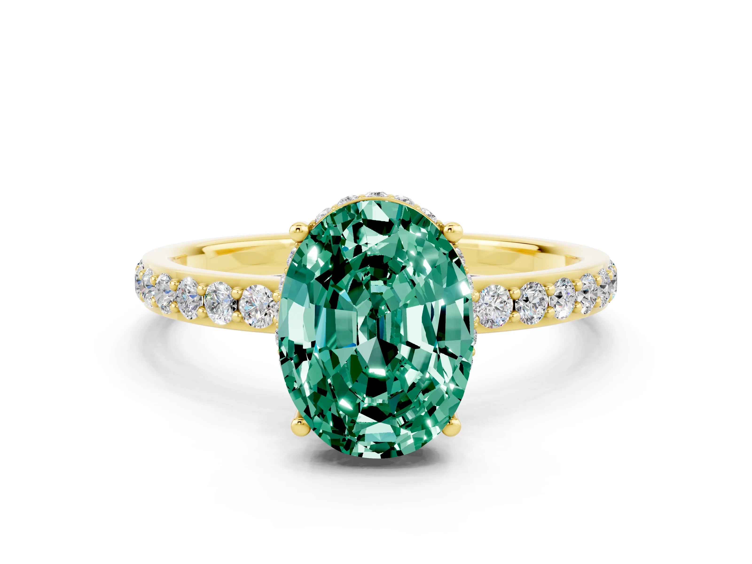 Yellow gold {shape_name} Green Sapphire Solitaire Ring with Pavé Band and Hidden Halo