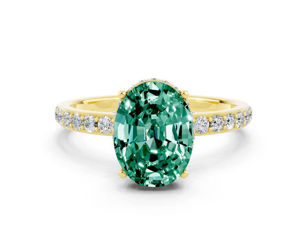 Yellow gold Oval Cut Green Sapphire Solitaire Ring with Pavé Band and Hidden Halo