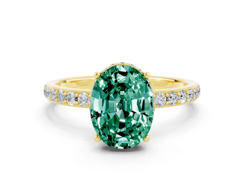 Yellow gold {shape_name} Green Sapphire Solitaire Ring with Pavé Band and Hidden Halo