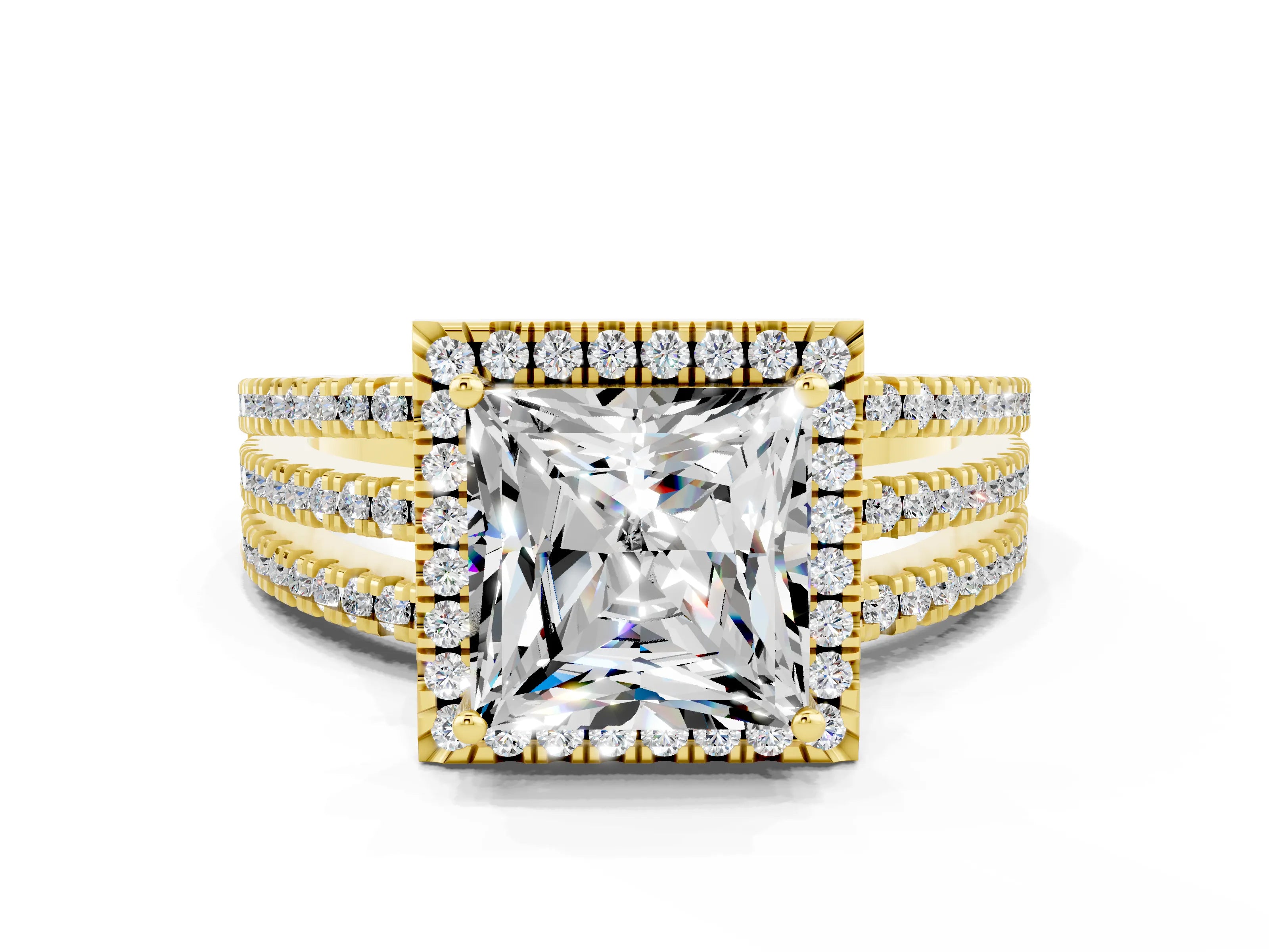 Yellow gold {shape_name} Moissanite Halo Engagement Ring with Split Shank and Four-Prong Setting