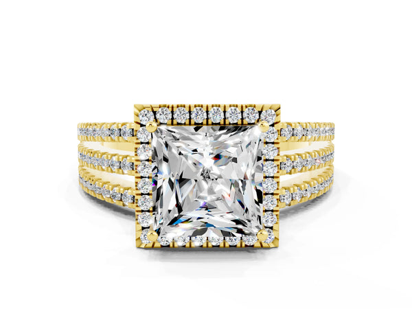 Yellow gold Princess Cut Moissanite Halo Engagement Ring with Split Shank and Four-Prong Setting