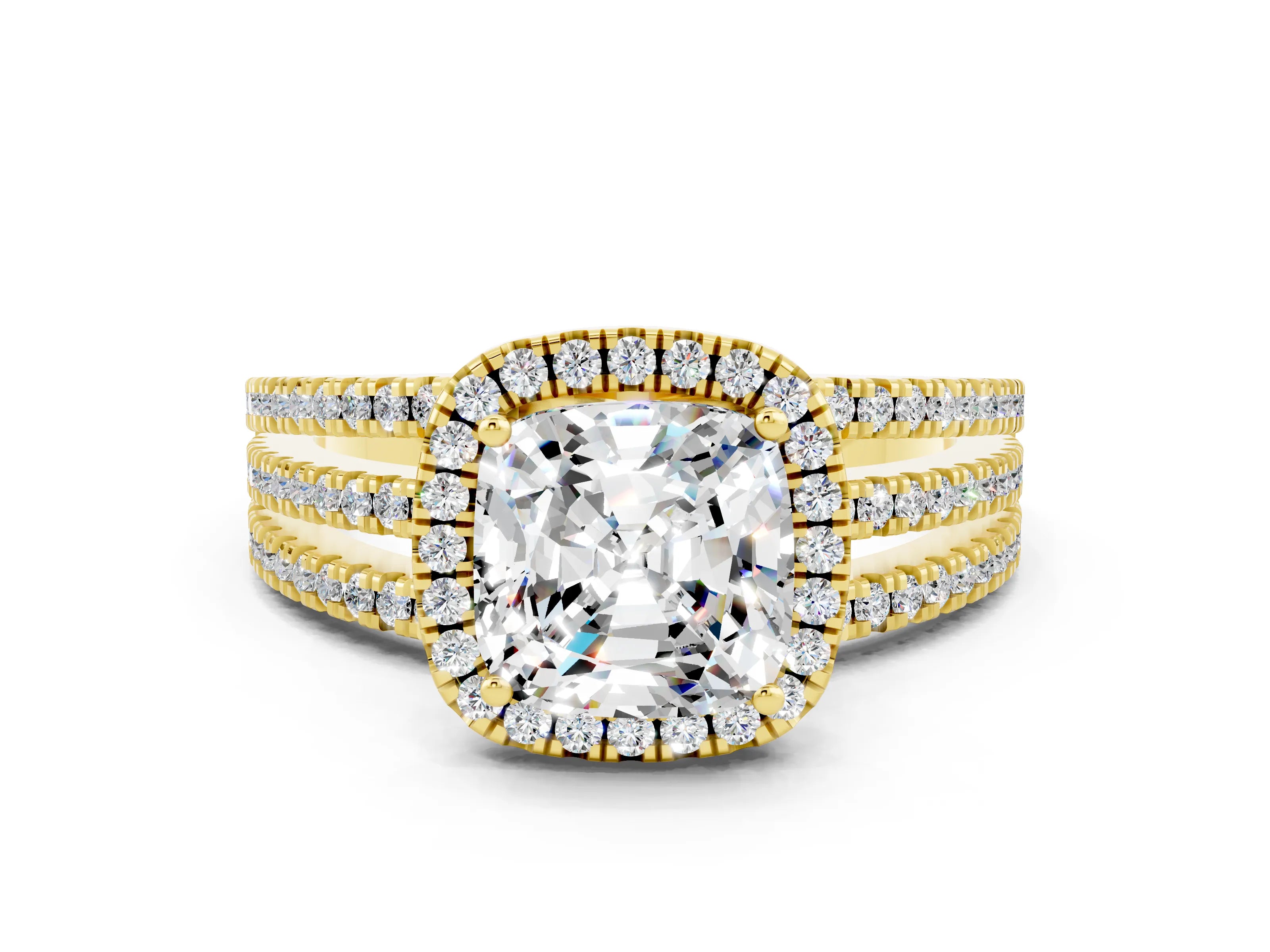 Yellow gold {shape_name} Moissanite Halo Engagement Ring with Split Shank and Four-Prong Setting
