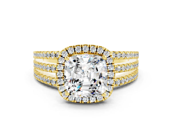 Yellow gold Cushion Cut Moissanite Halo Engagement Ring with Split Shank and Four-Prong Setting