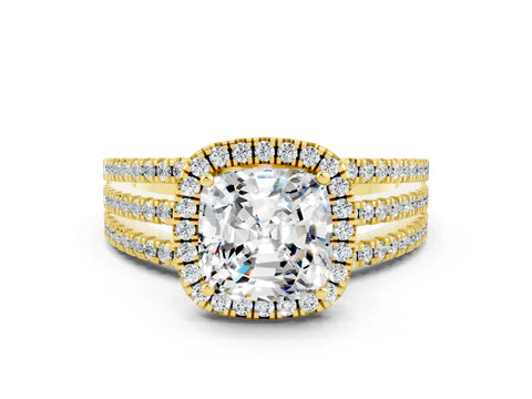 Yellow gold {shape_name} Moissanite Halo Engagement Ring with Split Shank and Four-Prong Setting