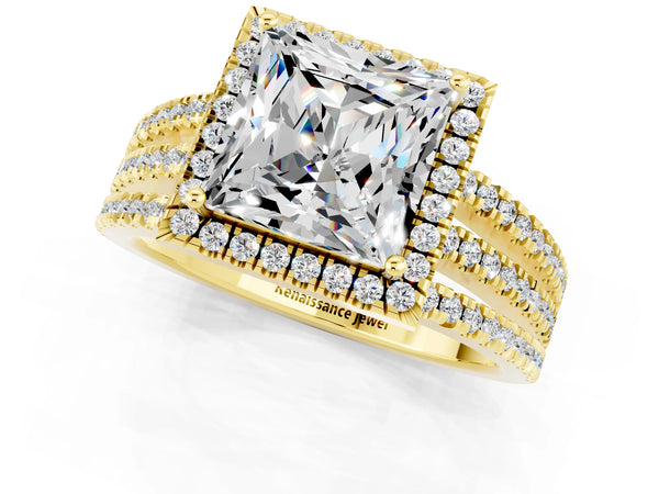 Yellow gold Princess Cut Moissanite Halo Engagement Ring with Split Shank and Four-Prong Setting