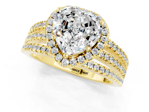 Yellow gold {shape_name} Moissanite Halo Engagement Ring with Split Shank and Four-Prong Setting_1