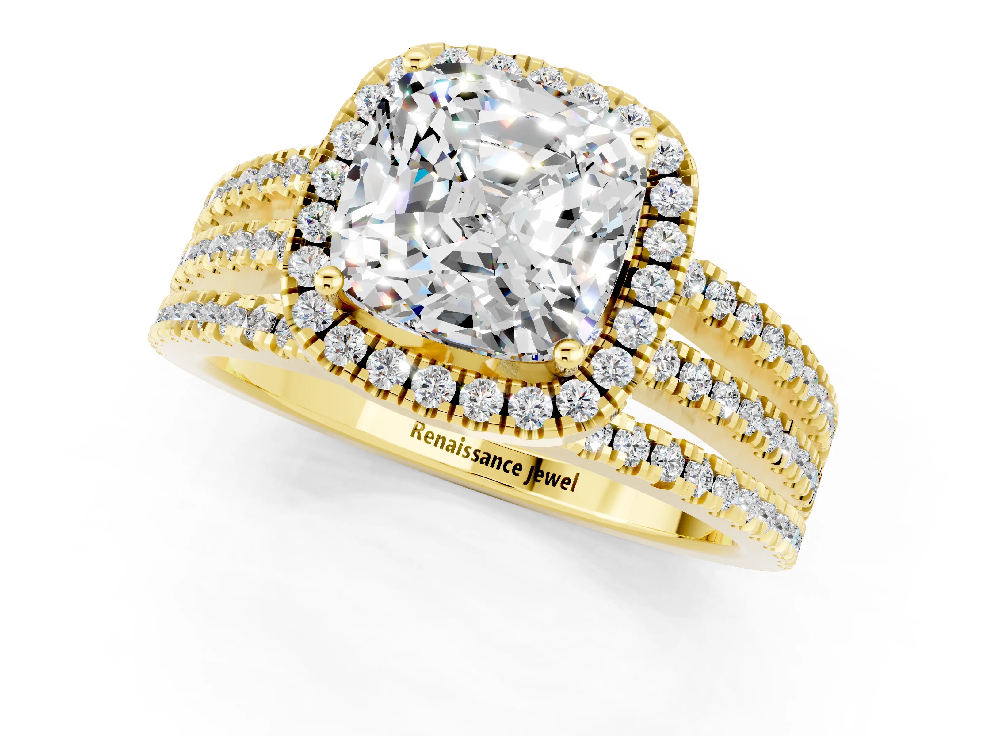 Yellow gold {shape_name} Moissanite Halo Engagement Ring with Split Shank and Four-Prong Setting_1