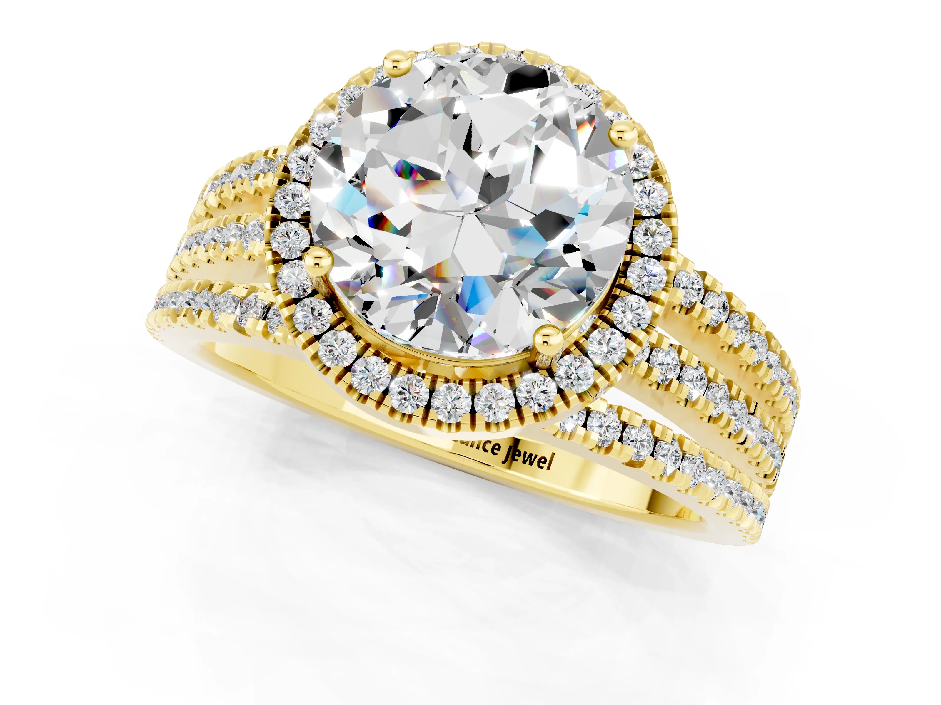 Yellow gold {shape_name} Moissanite Halo Engagement Ring with Split Shank and Four-Prong Setting_1