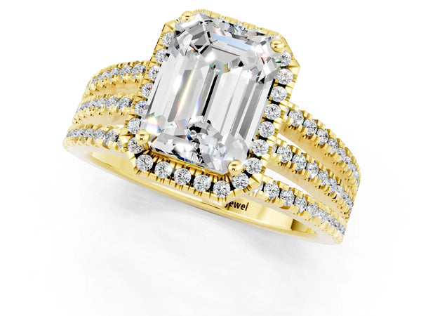 Yellow gold Emerald Cut Moissanite Halo Engagement Ring with Split Shank and Four-Prong Setting