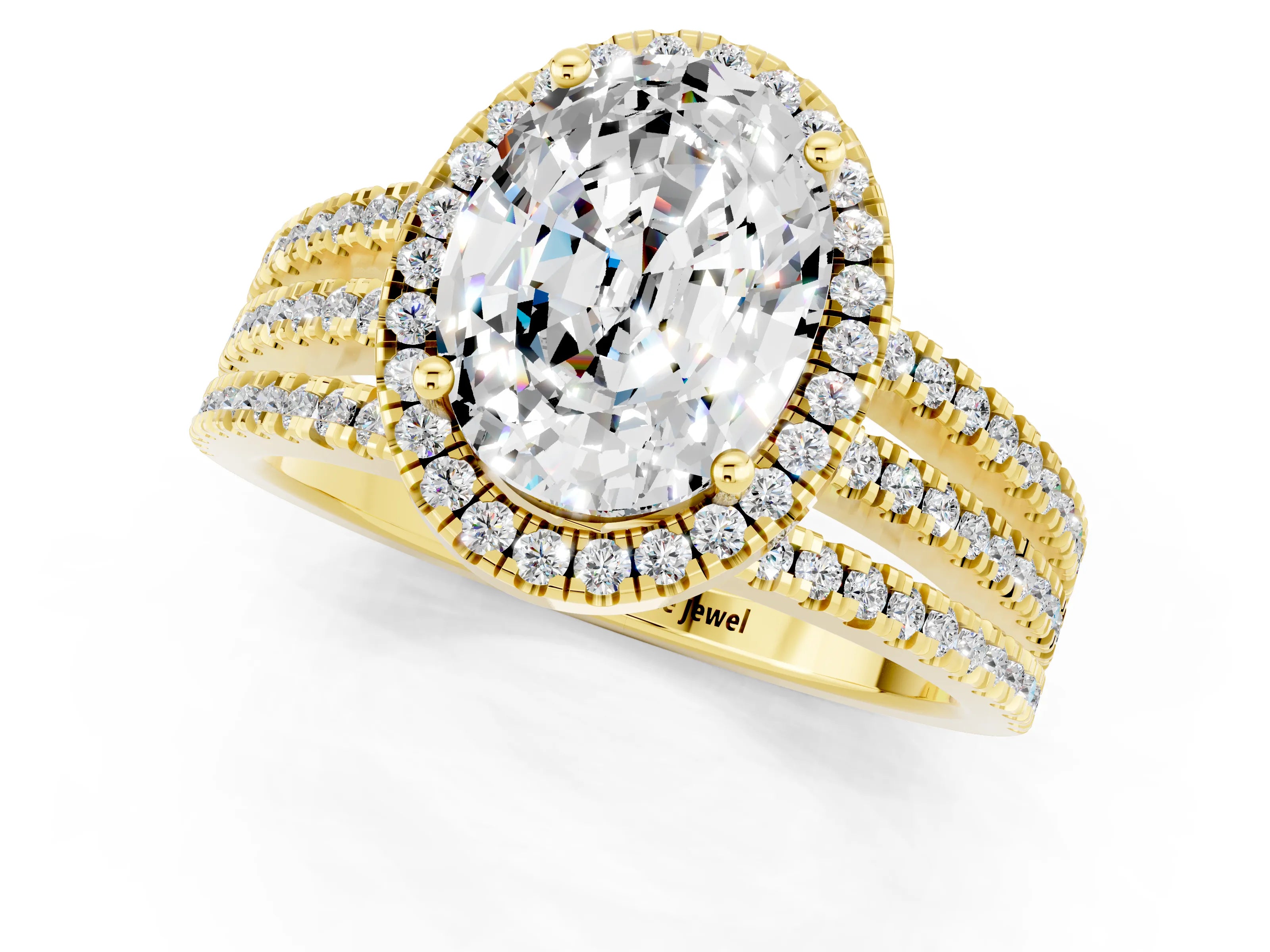 Yellow gold {shape_name} Moissanite Halo Engagement Ring with Split Shank and Four-Prong Setting_1