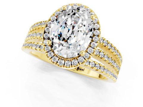 Yellow gold {shape_name} Moissanite Halo Engagement Ring with Split Shank and Four-Prong Setting_1