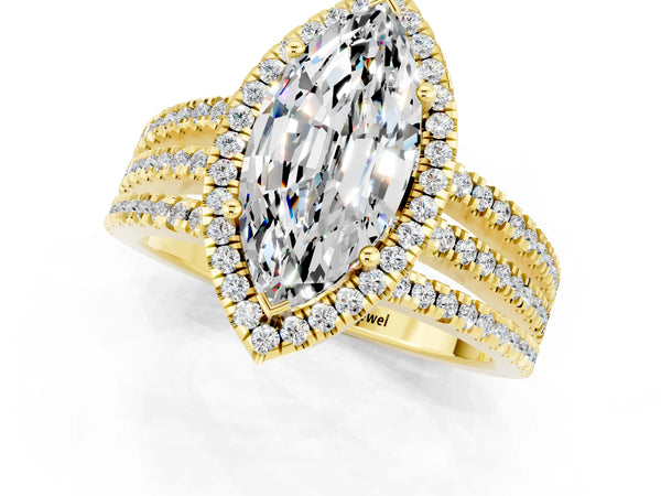 Yellow gold Marquise Cut Moissanite Halo Engagement Ring with Split Shank and Four-Prong Setting