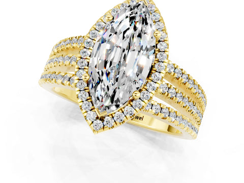 Yellow gold {shape_name} Moissanite Halo Engagement Ring with Split Shank and Four-Prong Setting_1