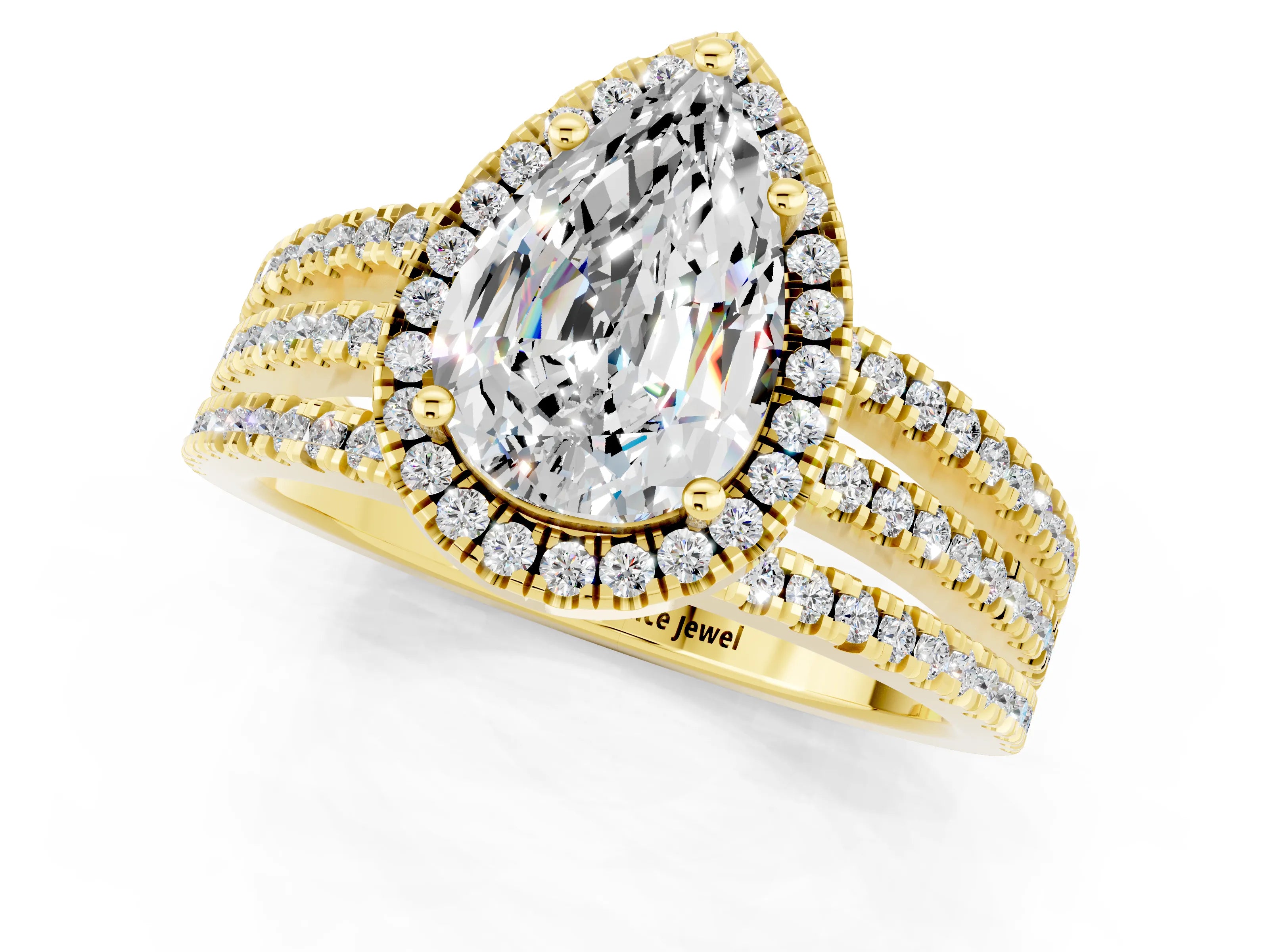 Yellow gold {shape_name} Moissanite Halo Engagement Ring with Split Shank and Four-Prong Setting_1