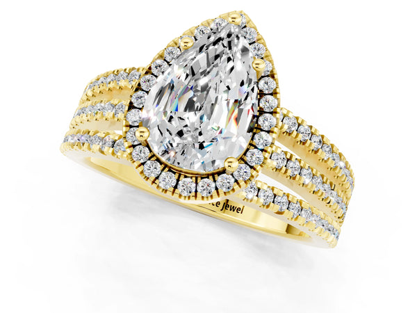 Yellow gold Pear Cut Moissanite Halo Engagement Ring with Split Shank and Four-Prong Setting