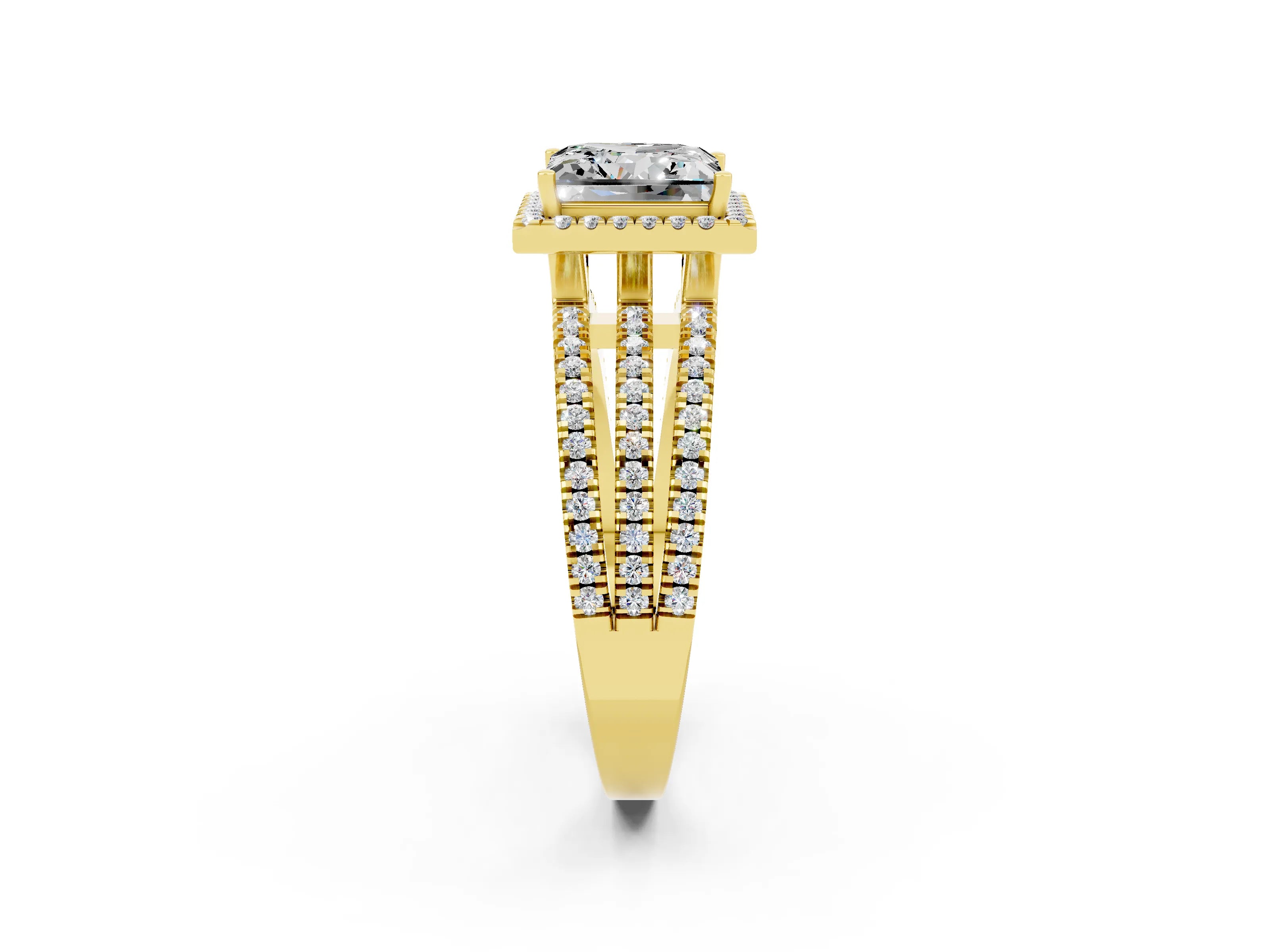 Yellow gold {shape_name} Moissanite Halo Engagement Ring with Split Shank and Four-Prong Setting_2