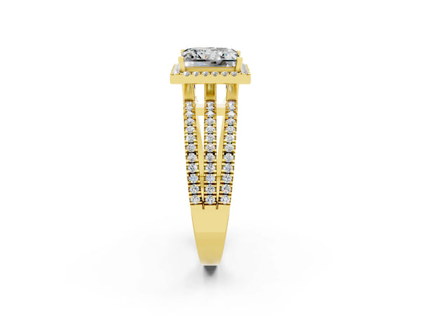 Yellow gold Princess Cut Moissanite Halo Engagement Ring with Split Shank and Four-Prong Setting