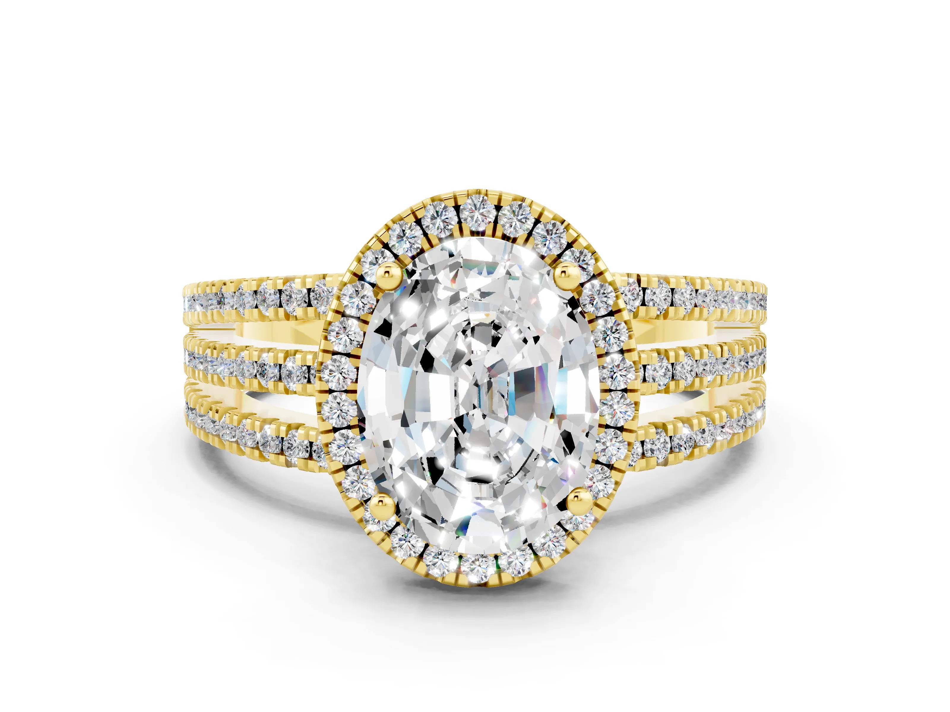 Yellow gold {shape_name} Moissanite Halo Engagement Ring with Split Shank and Four-Prong Setting