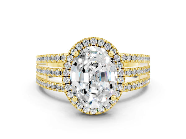 Yellow gold Oval Cut Moissanite Halo Engagement Ring with Split Shank and Four-Prong Setting
