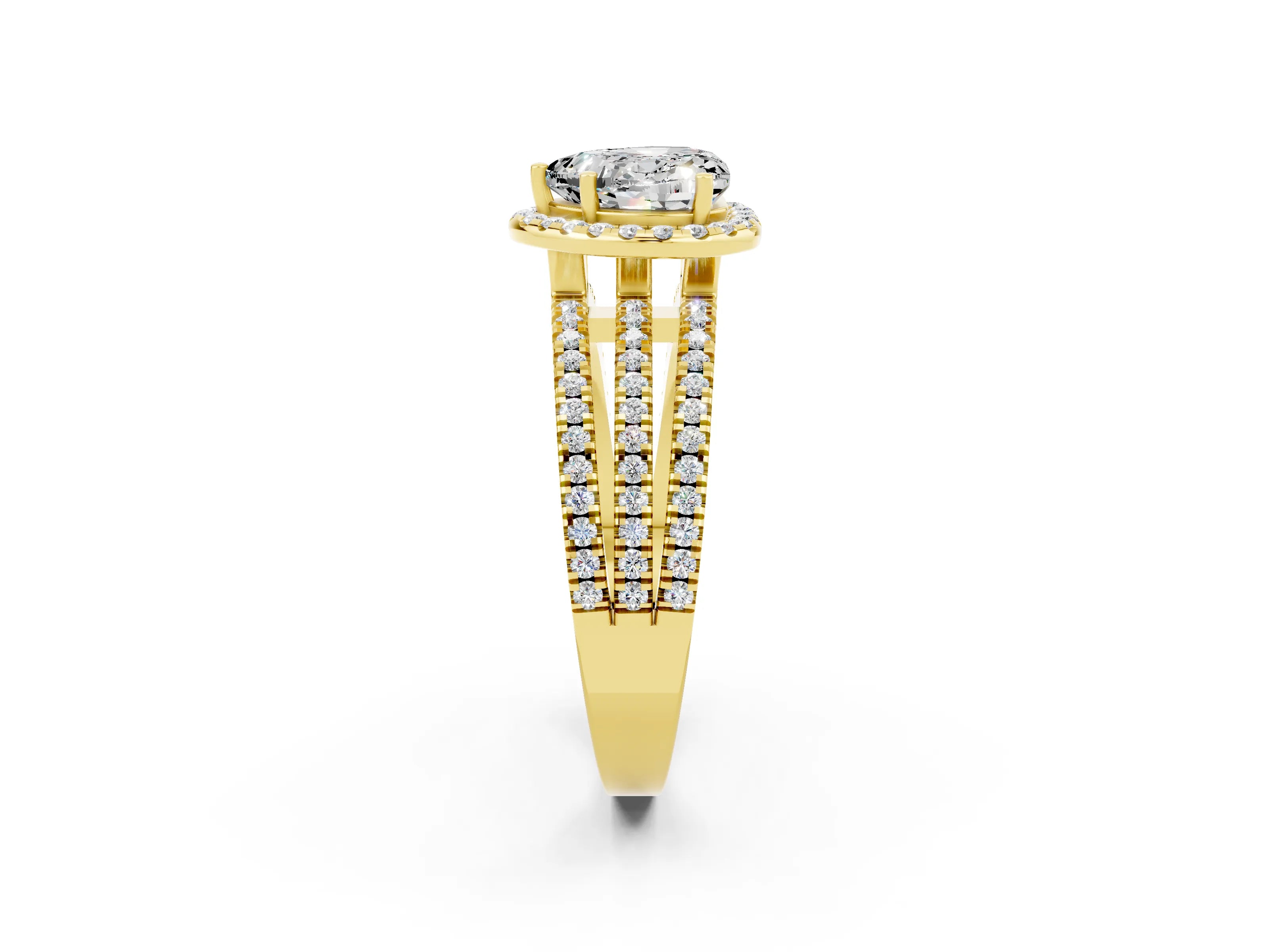 Yellow gold {shape_name} Moissanite Halo Engagement Ring with Split Shank and Four-Prong Setting_2