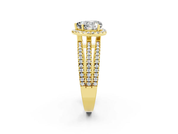 Yellow gold Heart Cut Moissanite Halo Engagement Ring with Split Shank and Four-Prong Setting