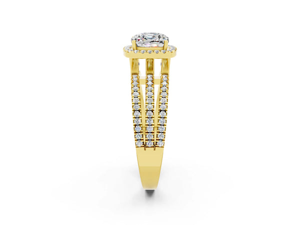 Yellow gold Cushion Cut Moissanite Halo Engagement Ring with Split Shank and Four-Prong Setting