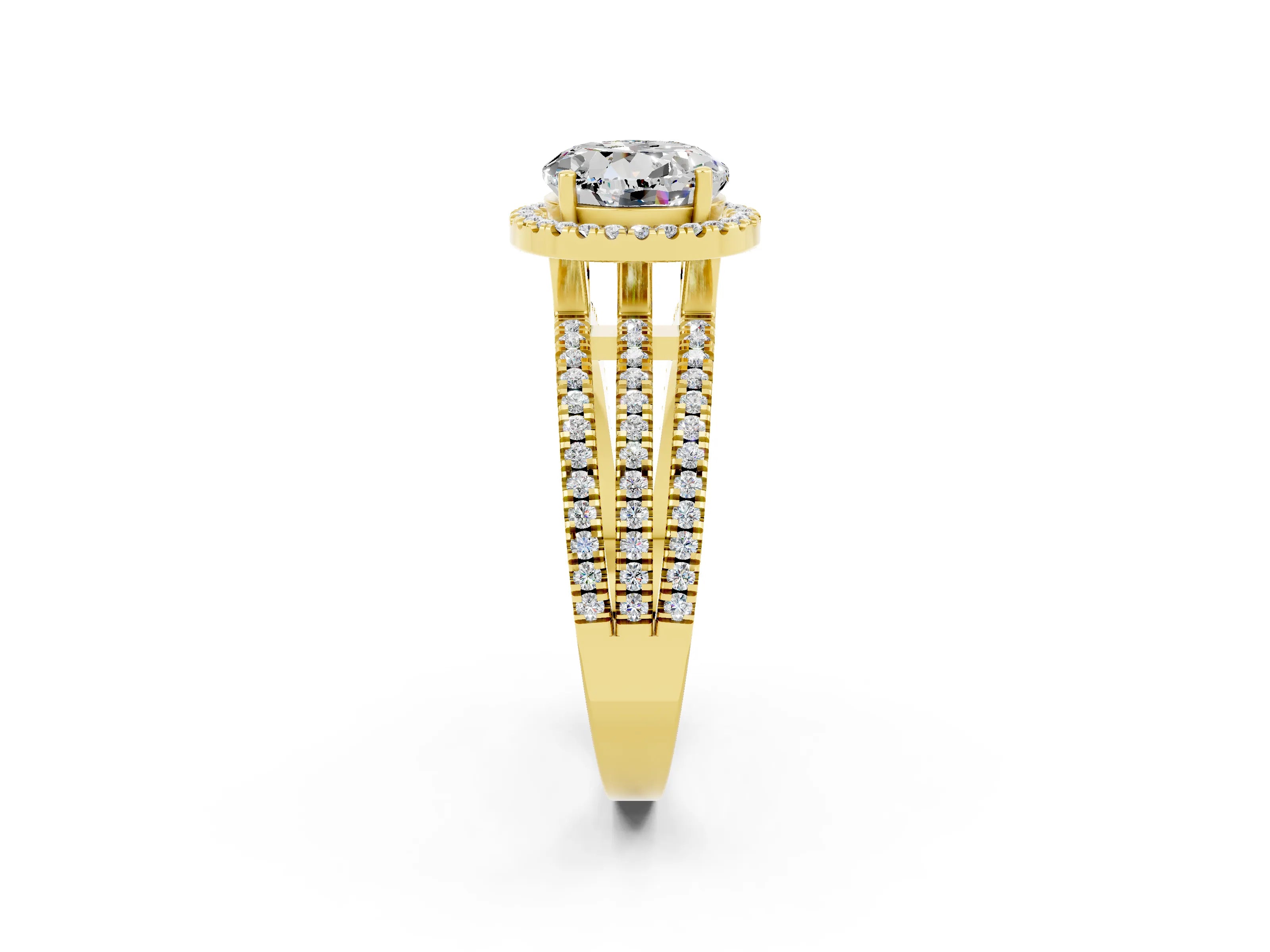 Yellow gold {shape_name} Moissanite Halo Engagement Ring with Split Shank and Four-Prong Setting_2