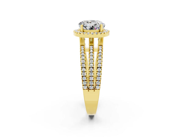 Yellow gold Round Cut Moissanite Halo Engagement Ring with Split Shank and Four-Prong Setting