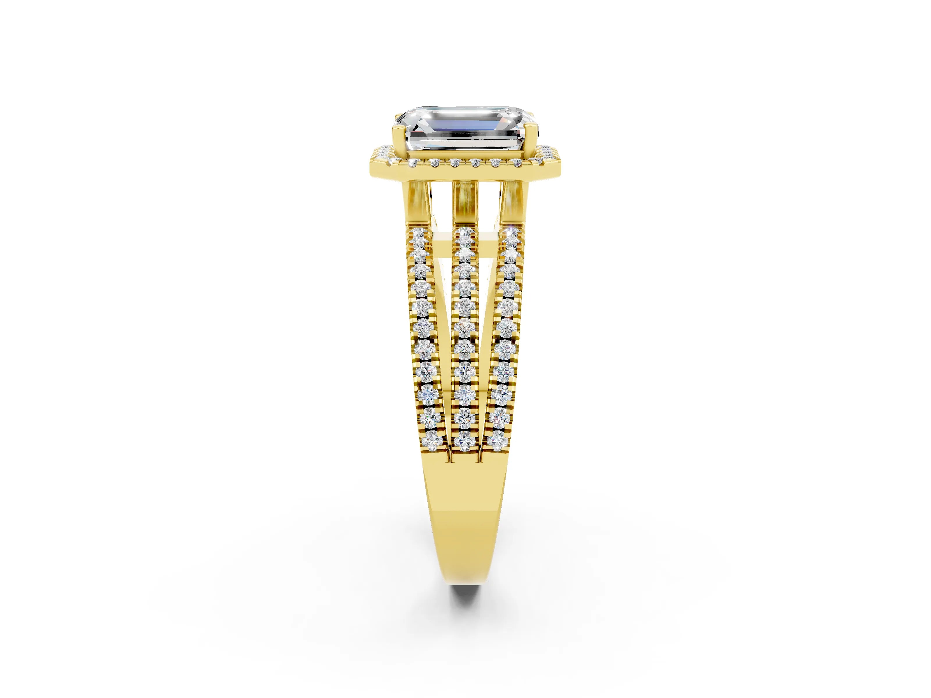 Yellow gold {shape_name} Moissanite Halo Engagement Ring with Split Shank and Four-Prong Setting_2