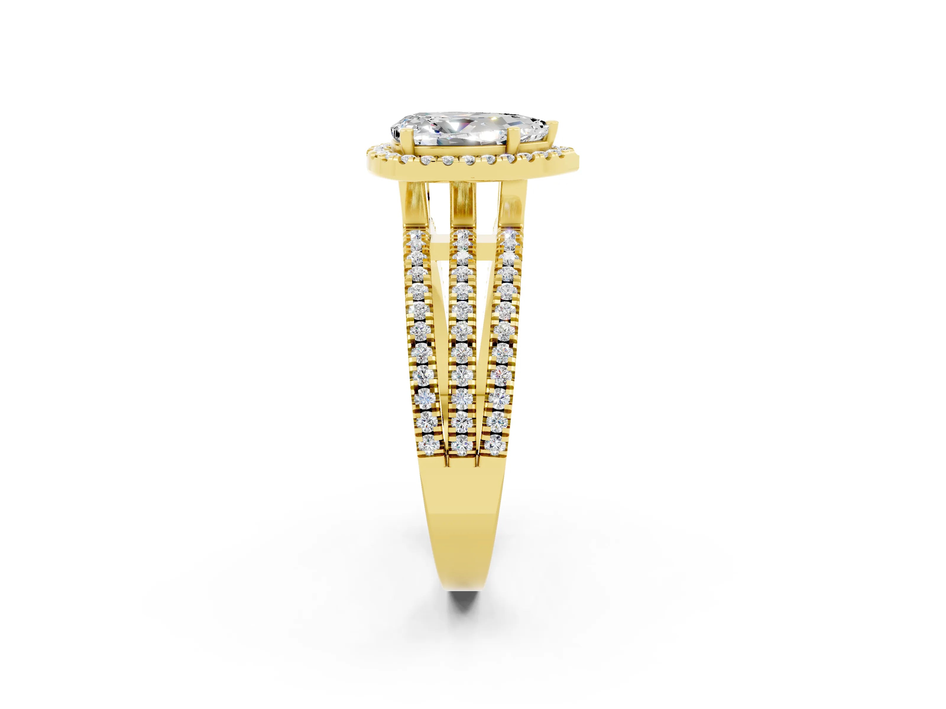 Yellow gold {shape_name} Moissanite Halo Engagement Ring with Split Shank and Four-Prong Setting_2