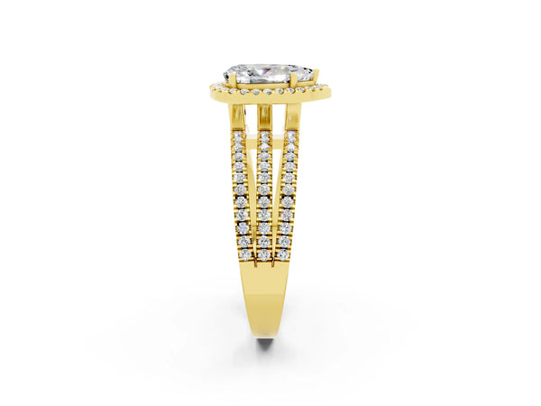 Yellow gold Pear Cut Moissanite Halo Engagement Ring with Split Shank and Four-Prong Setting