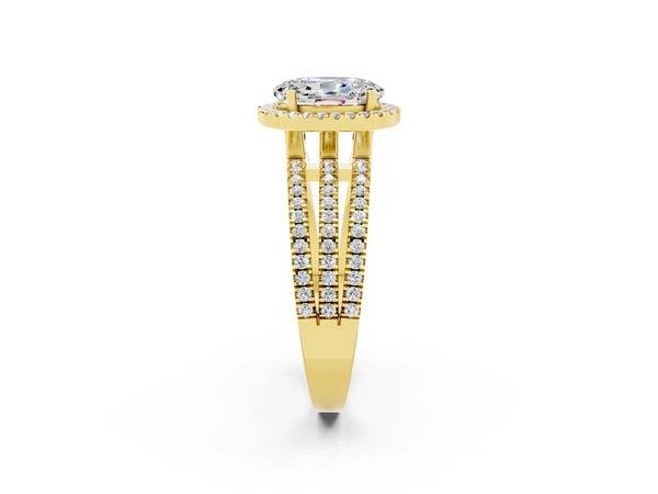 Yellow gold Oval Cut Moissanite Halo Engagement Ring with Split Shank and Four-Prong Setting