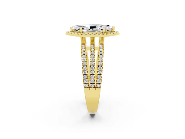 Yellow gold Marquise Cut Moissanite Halo Engagement Ring with Split Shank and Four-Prong Setting