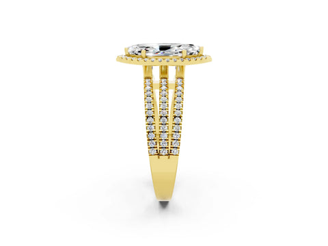 Yellow gold {shape_name} Moissanite Halo Engagement Ring with Split Shank and Four-Prong Setting_2