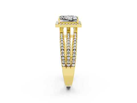 Yellow gold {shape_name} Moissanite Halo Engagement Ring with Split Shank and Four-Prong Setting_2