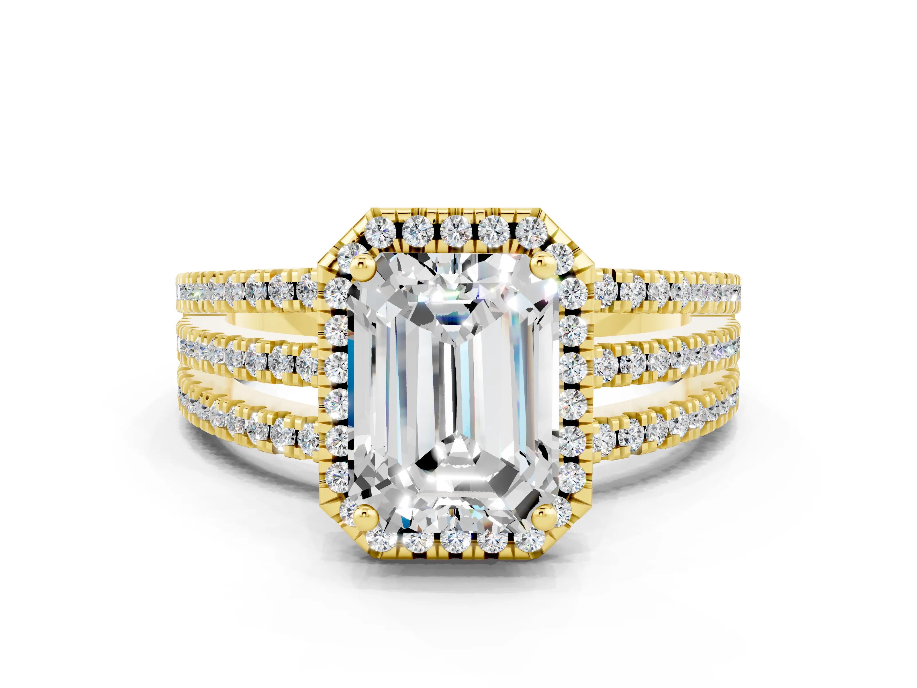 Yellow gold {shape_name} Moissanite Halo Engagement Ring with Split Shank and Four-Prong Setting